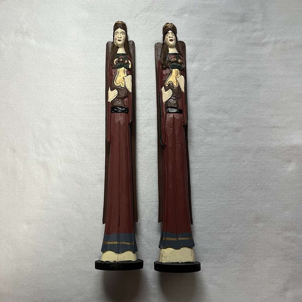 Carved Wooden Angel Statue Folk Art Figures 20" Tall Holiday Christmas Decor